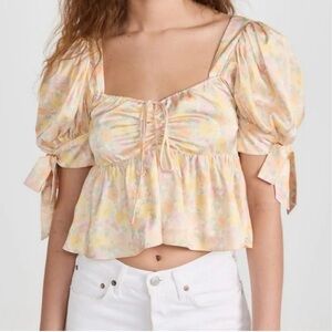 Wayf Terry Crop Top Sweetheart Neck Floral Smocked Back Bowed Sleeves Size Small